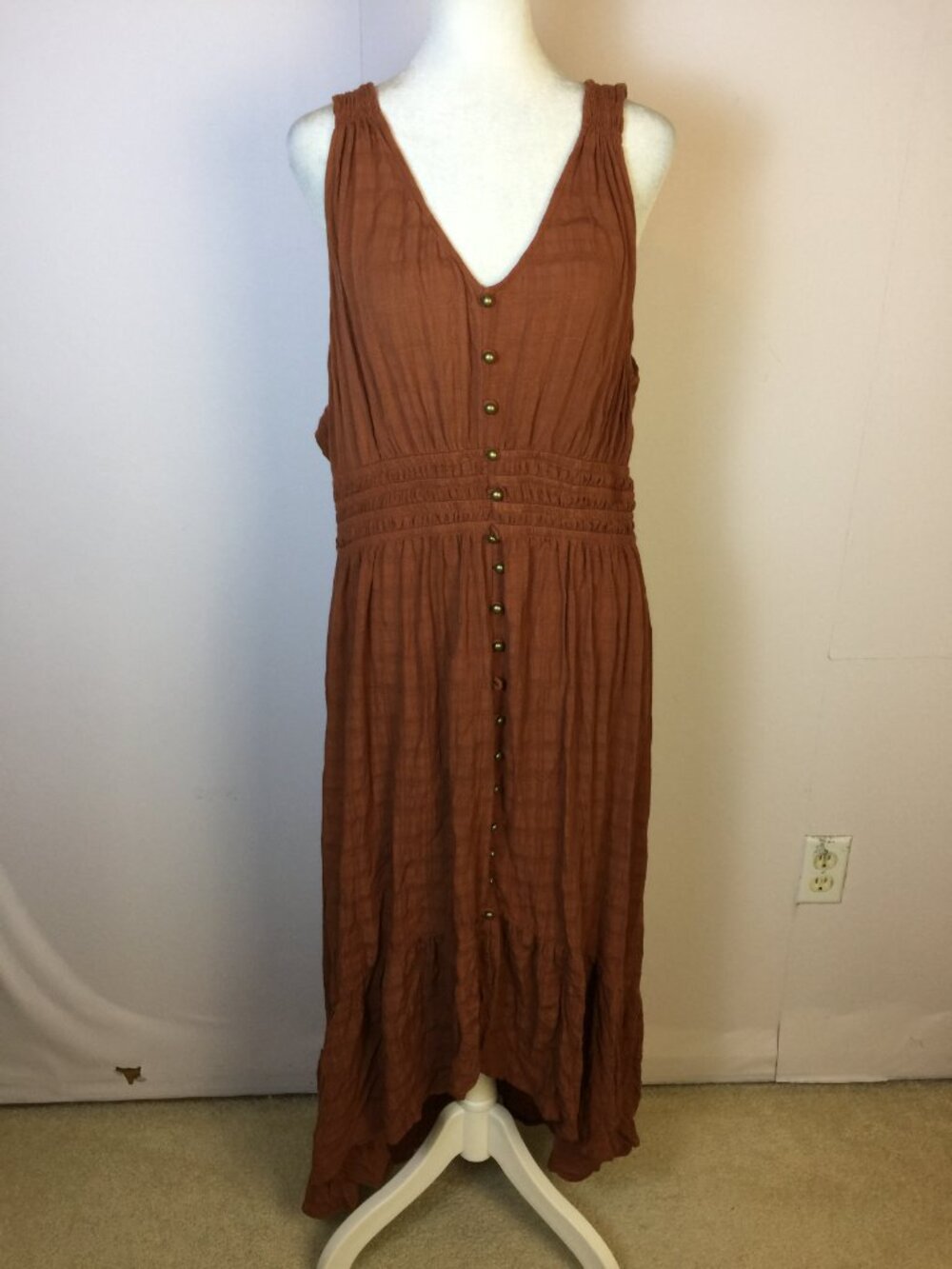 Rewind Hi-Low Maxi Dress XXL Womans Brown Smocked Waist Ruffle Hem V-neck Boho